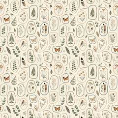 Naklejka premium Floating Herbarium Frames with Pressed Flowers Botanical Seamless Pattern Background