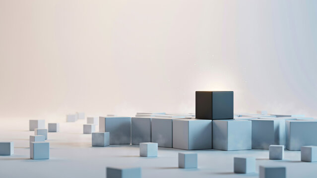 A high level 3d render featuring a solitary black cube rising above a sea of grey blocks representing leadership and standing out from the crowd