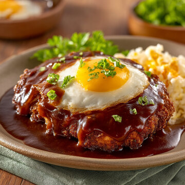 Traditional loco moco style plate with sunny-side up egg brown gravy rice corn, meat patty