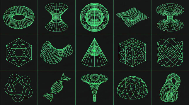 Set of 3d wireframe geometric shapes, abstract mathematical models and scientific structures on dark background