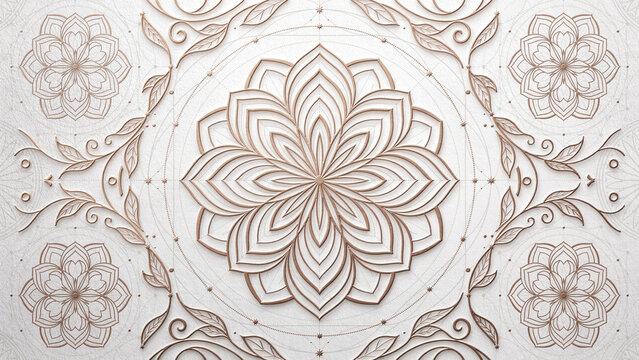 Elegant Rose Gold Mandala Pattern with Intricate Floral Filigree Elements on a Sophisticated White Textured Background