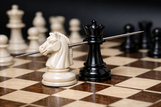 Close-up view of a chess board featuring a horse piece