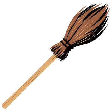 Witch's broomstick with straw bristles and wooden handle during Halloween vector illustration isolated on white background