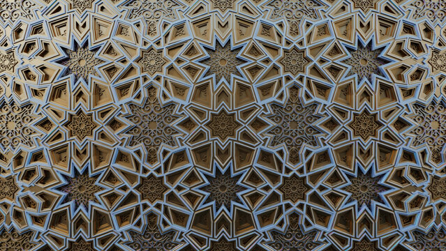 Intricate Geometric Islamic Pattern Featuring Three Dimensional Architectural Wood Carving and Ornamental Arabesque Tile Art