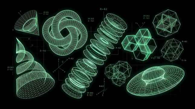 3d wireframe geometric shapes and mathematical models on black background cad engineering hud technology concept