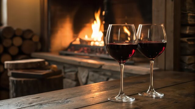 Two Glasses of Red Wine Reflecting Warm Fireplace Glow