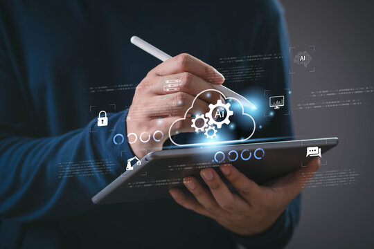 Cloud AI technology concept featuring a digital cloud with artificial intelligence icons, representing cloud computing, automation, secure data management, machine learning, digital transformation.