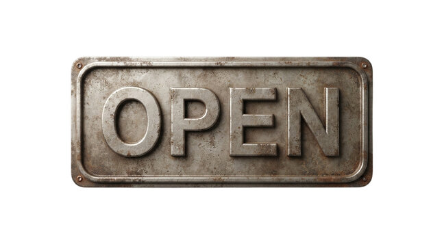 A weathered and rustic metal sign with the word open embossed on its surface isolated against a solid black background for business signage