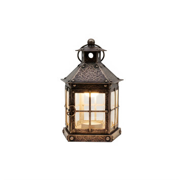 Vintage Lantern isolated on transparent background, rustic metal candle lamp PNG cutout