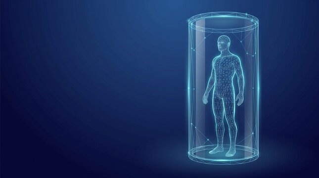 Futuristic digital human hologram in glowing laboratory capsule for medical science technology concept