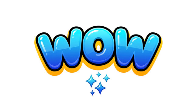 A vibrant cartoon style illustration of the word wow features a bright yellow outline and dazzling sparkling stars against a clear transparent backdrop