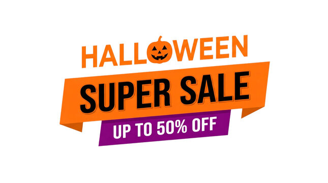 Celebrate halloween with a super sale banner featuring a pumpkin illustration and offering discounts up to fifty percent for your seasonal promotions