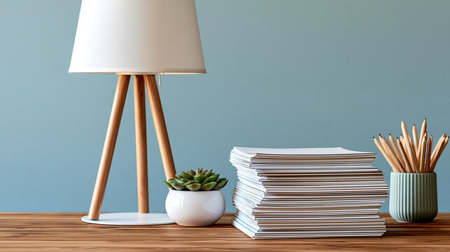 A tall stack of white paper reams on a wooden desk beside a lamp, succulent, and pencil holder, busy office routine concept, with copy space