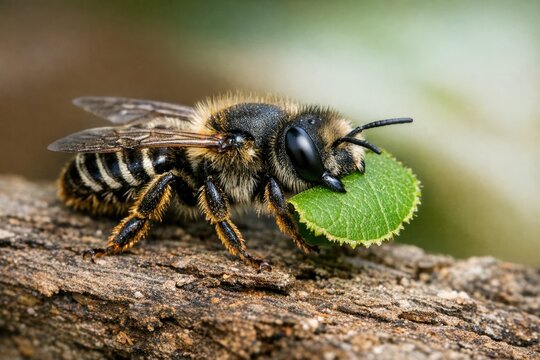 A close-up shot of a bee holding a leaf in its mouth