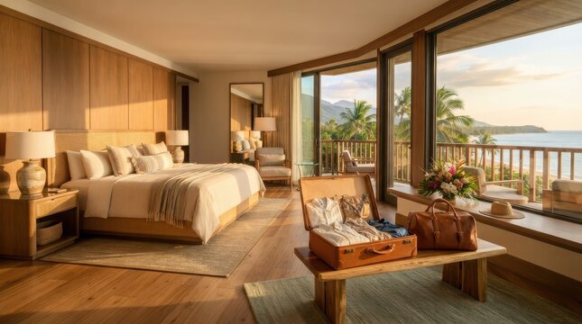 Luxury hotel bedroom with a beautiful ocean view and a private balcony at a tropical island resort during sunset