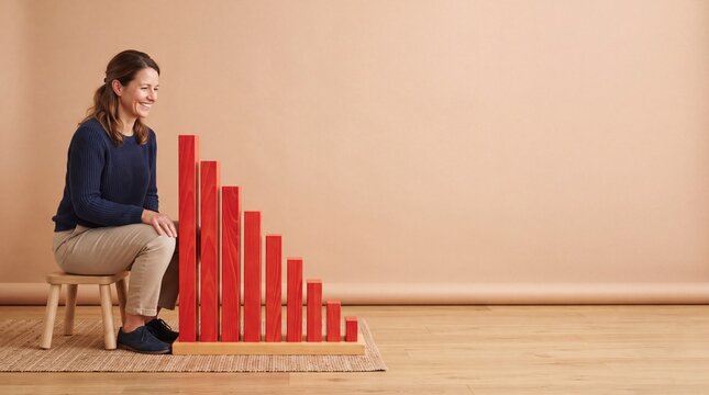 A smiling woman sitting on a small wooden stool, looking at a series of red wooden blocks ad social media download thambnail poster web template event festival 2026 2027 2028
