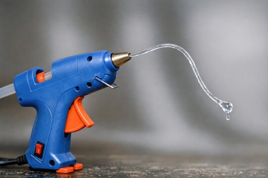 A blue and orange hot glue gun sitting on a table