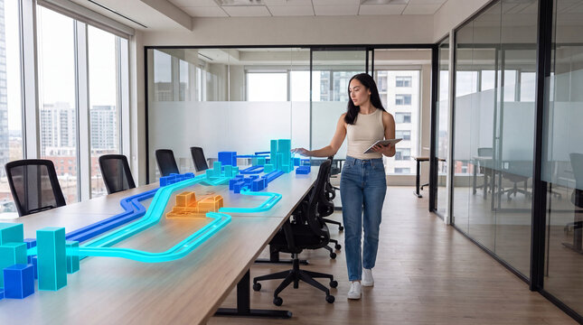Professional walking beside a glowing holographic city infrastructure map