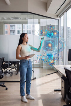 Businesswoman observing a geometric holographic data structure in an office corridor
