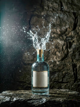 Bottle of gin sits on a rough stone surface with an explosive water splash erupting from the cork top area.