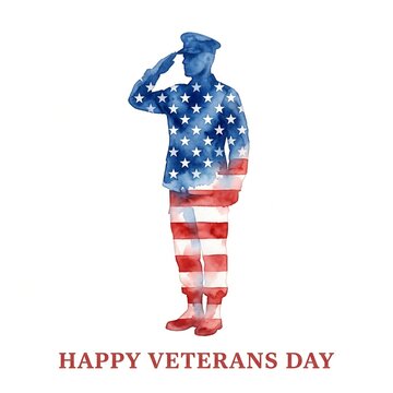Watercolor silhouette of a saluting soldier with american flag pattern for veterans day