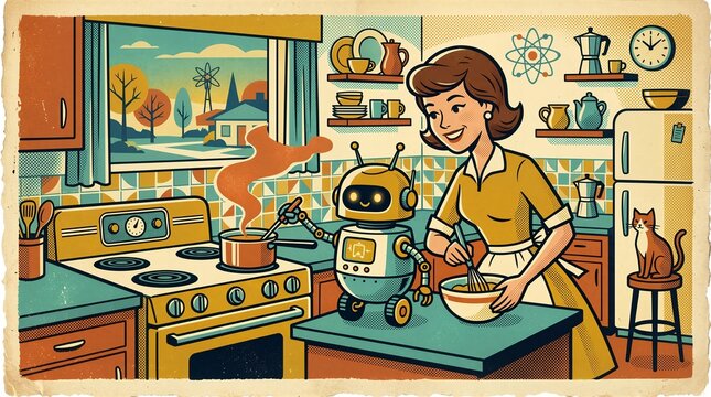 Midcentury modern cute robot character retro 1950s illustration
