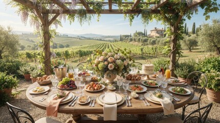 Fototapeta premium A beautiful outdoor dining table set for a summer lunch overlooking a lush green vineyard in the italian countryside