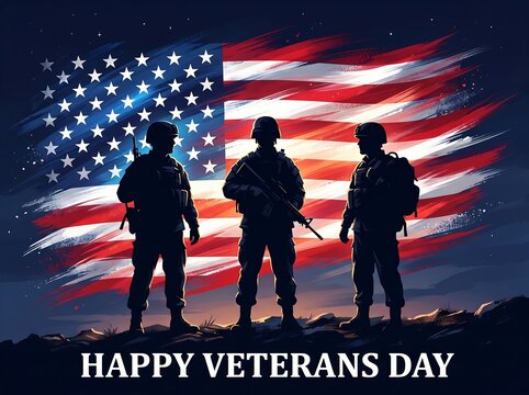 Silhouetted soldiers standing before a waving american flag honoring veterans
