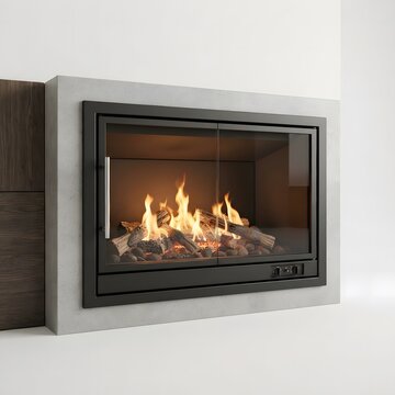 A contemporary gas fireplace insert featuring a sleek black frame beautifully installed within a light gray stone surround to establish a warm cozy