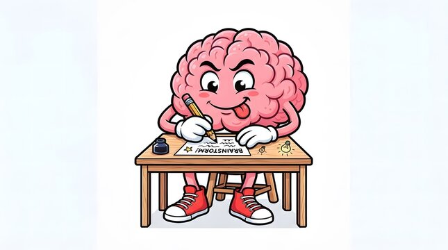 Cartoon brain character diligently working at a small wooden desk with a laptop