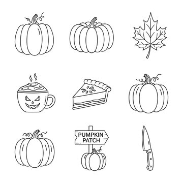 Set of hand-drawn halloween icons with pumpkins fall leaf pumpkin pie spooky mug halloween seasonal jackolantern celebration collection