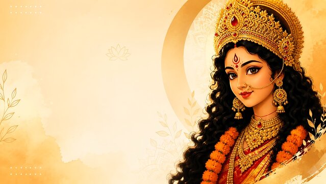 Maa Durga Navratri Background with Elegant Golden Crown, Jewelry and Festive Copy Space