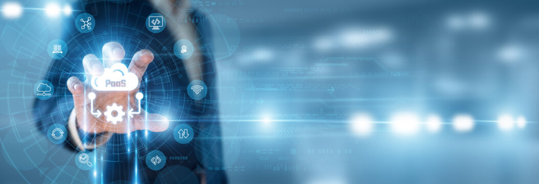 Cloud Solutions Architect hand holding PaaS and data networking, platform as a service hosting, software development environment scaling, centralized computing resource, digital application framework.