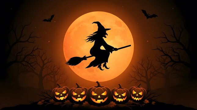 Silhouette of a witch flying in front of a full moon with jackolanterns below