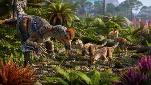 Feathered Dinosaurs in a Lush Prehistoric Forest