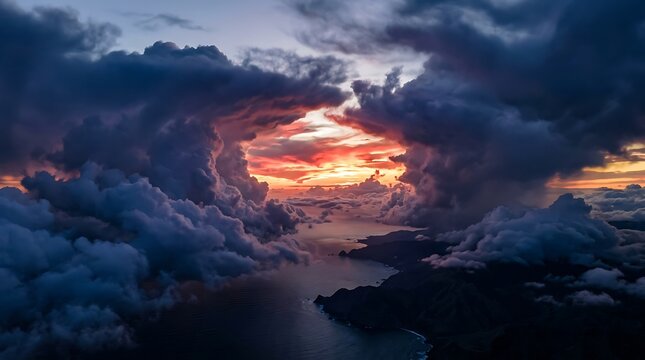 Dramatic sunset breaking through stormy clouds