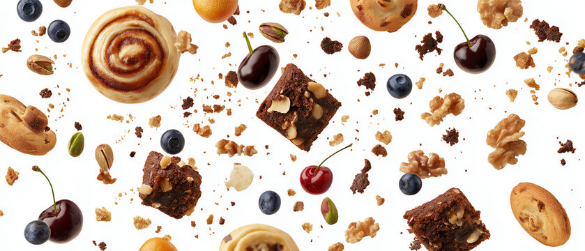 A Heavenly Mix of Sweet Delights: An artful arrangement of delectable treats, including cinnamon rolls, brownies, cookies, nuts, and fresh berries, suspended mid-air against a clean background.