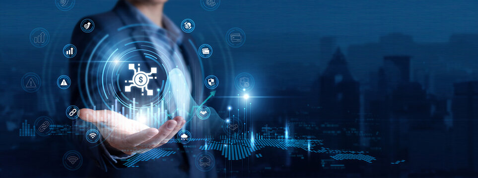 Fintech Developer Hand Hold Finance Technology and Digital Banking global networking data. Financial Innovation, Automated Payment, Smart Investing, Secure Transactions