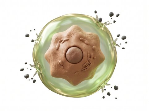Isolated 3D render of hepatocyte liver cell with protective gel shield for liver renewal concept
