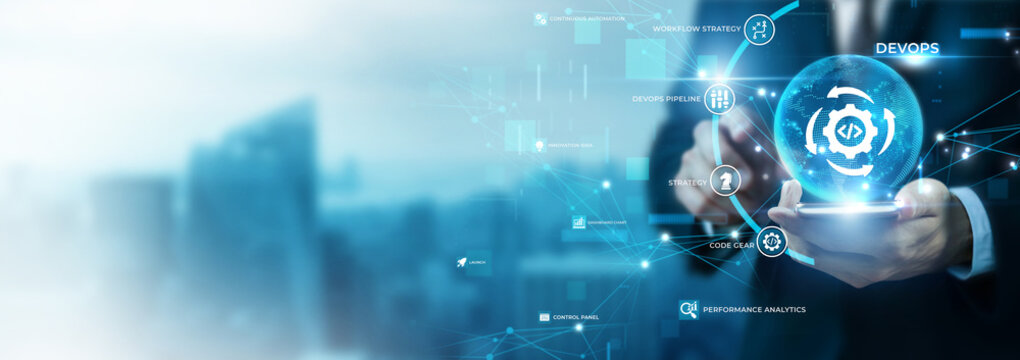 Businessman Using Phone for DevOps and Global Data Analysis. Agile Software Development, Continuous Integration Deployment, IT Cloud Operations, Automated System Infrastructure