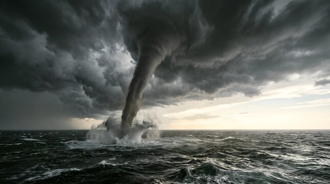 Powerful waterspout tornado over dark ocean, dramatic storm clouds above sea, extreme weather phenomenon and natural disaster concept