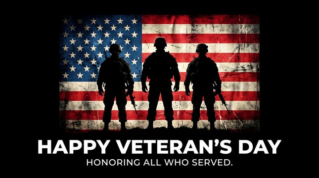 Silhouettes of soldiers standing before a dramatic american flag background