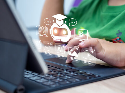 Child learning online with an AI tutor on digital tablet, using an AI assistant for personalized learning, coding skills, STEM education, interactive lessons, and future-ready digital education.