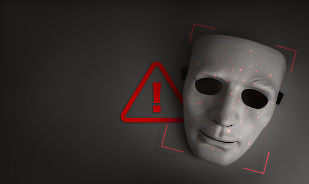 AI-powered facial recognition detecting fake identities and deepfake fraud on mask. Biometric authentication, identity verification, cybersecurity, digital trust, secure online authentication.