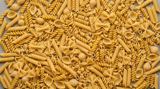 Top-down view of scattered raw mixed pasta shapes under bright even lighting