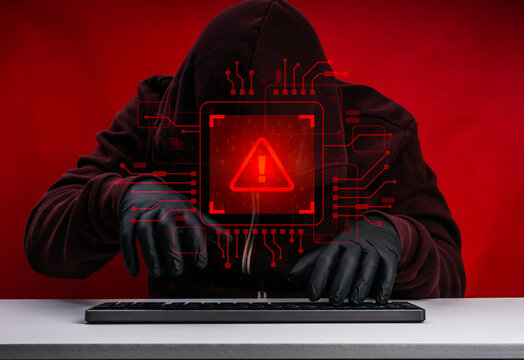 Cybersecurity concept featuring an AI-powered hacker using artificial intelligence for cyber attacks, phishing, ransomware, fraud, identity theft, malware, threat detection and digital security risks.