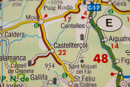 Detailed road map of Castelltercol and Centelles Spain with highlighted regional highways.