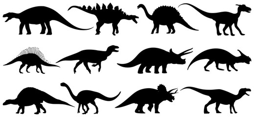 Dinosaur Silhouettes Collection, Prehistoric Reptile Vector Icons, Jurassic Era Creatures, Ancient Wildlife Set, Paleontology Graphics © Zubaraj