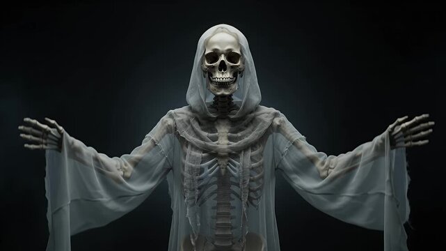 Grim reaper, skeleton and ghost in hooded robe for Halloween, horror movie and scary concept. Spooky character, bone and death with darkness, supernatural mystery and evil nightmare for thriller film