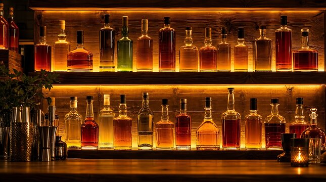 Glass liquor bottles arranged on illuminated wooden bar shelves, warm cozy ambiance concept